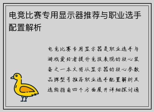 电竞比赛专用显示器推荐与职业选手配置解析